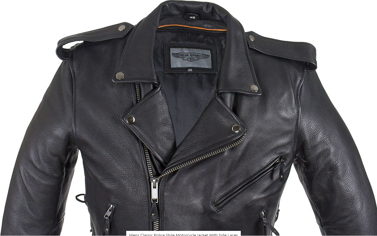 Leather Motorcycle Police Style Jacket with Side Laces and Vents - Up To Size 72 - SKU MJ201-SS-DL