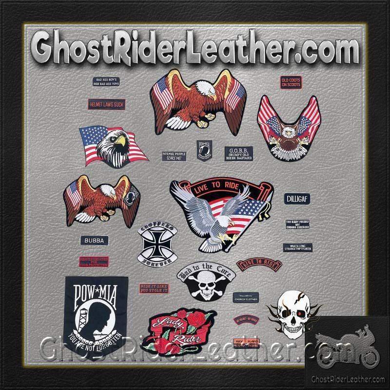 Live To Ride 26 Piece Embroidered Motorcycle Biker Patches Set- SKU GRL-GFPATCH26-BN