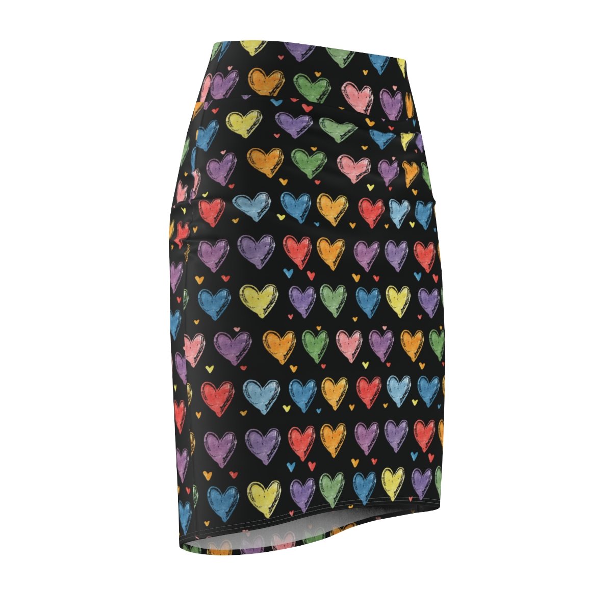 Doodle Hearts - Rainbow Colors on Black - Women's Pencil Skirt (AOP)