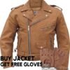 Men's Classic Style Brown Leather Motorcycle Jacket With Free Gloves- Up To Size 60 - SKU AL2015-AL