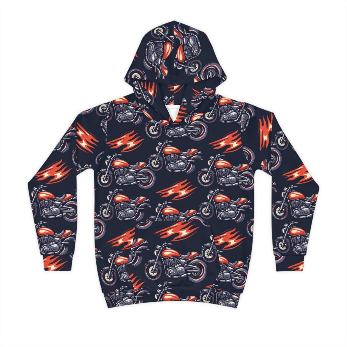 Motorcycle and Flames - Red White on Black - Children's Hoodie (AOP)