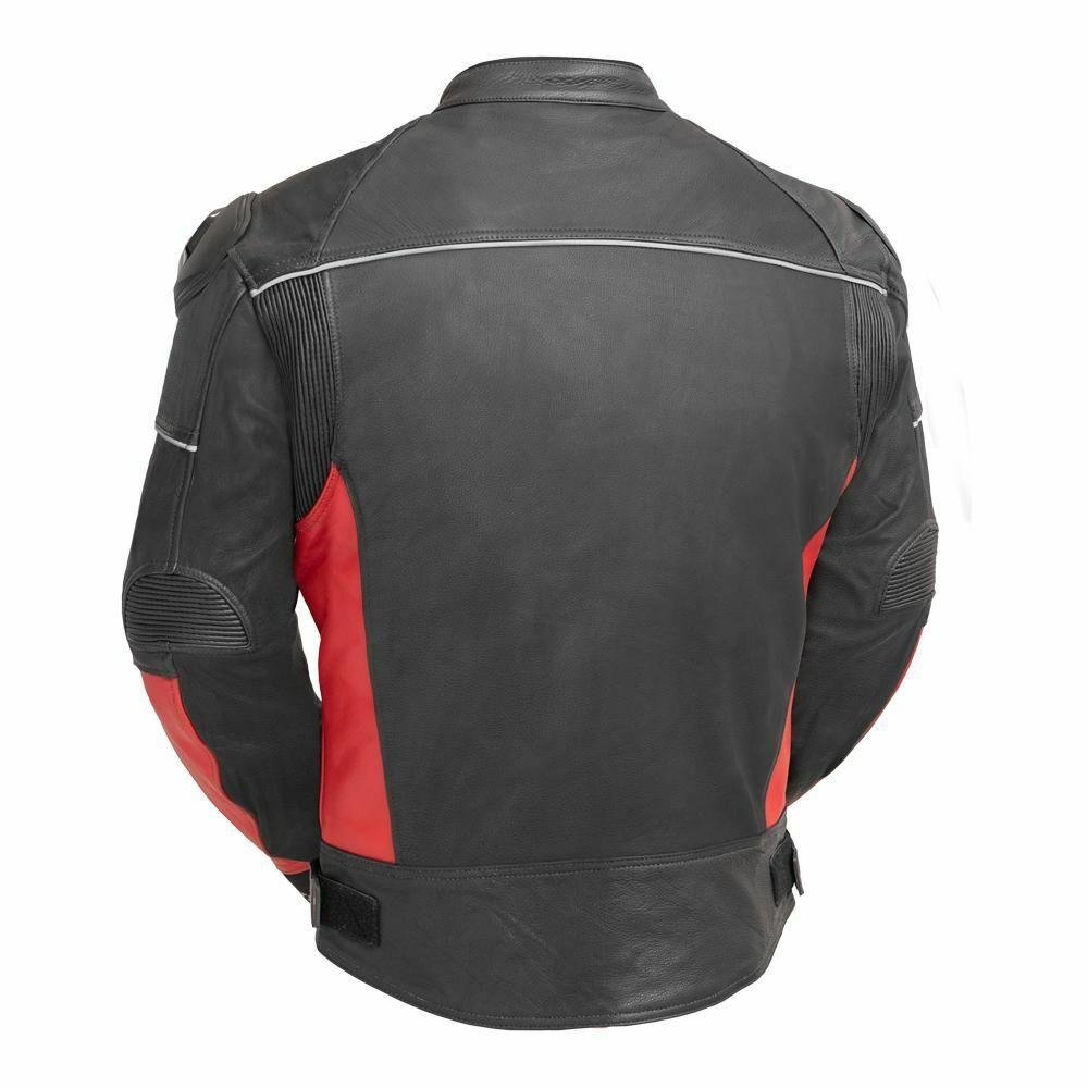 First Manufacturing Company Mens PowerSports Leather Racing Jacket - Red and Black - AT-1104-RED-FM