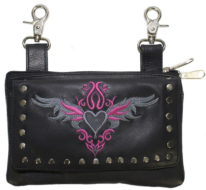 Leather Belt Bag - Pink - Heart Wings Design - Handbag - BAG35-EBL1-PINK-DL