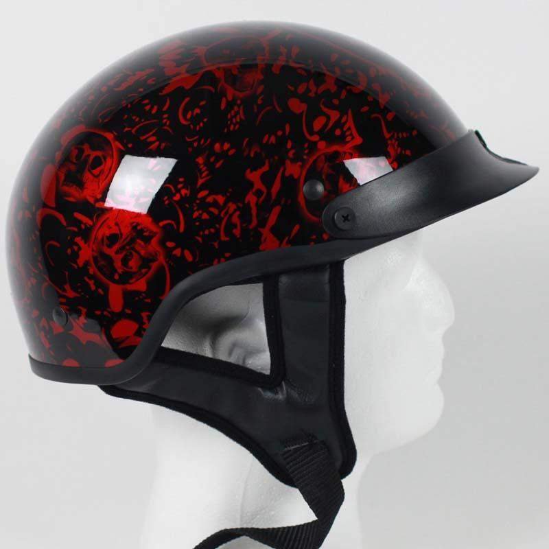 DOT Motorcycle Helmet - Gloss Red - Boneyard Skulls - Shorty - 1BYR-HI