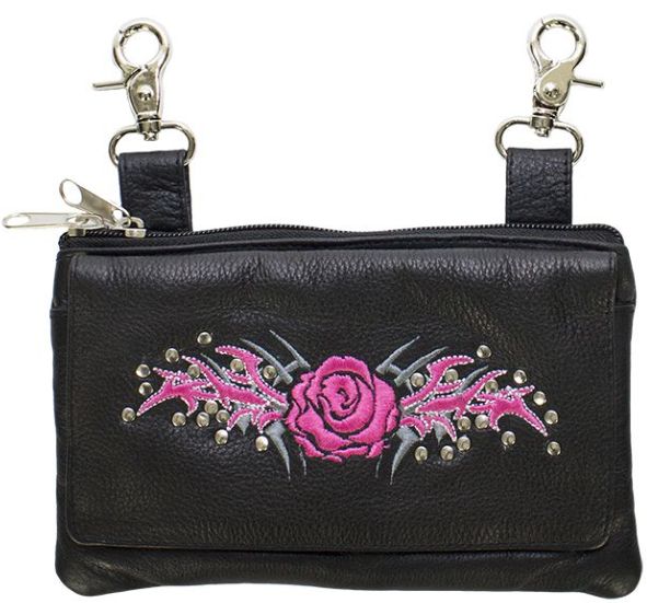 Leather Belt Bag - Pink - Rose Design - Handbag - BAG35-EBL6-PINK-DL