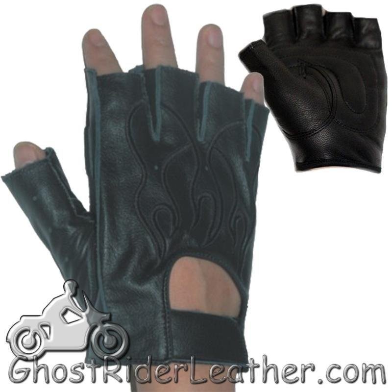 Leather Motorcycle Gloves - Fingerless - Black Flames - GL2015-DL