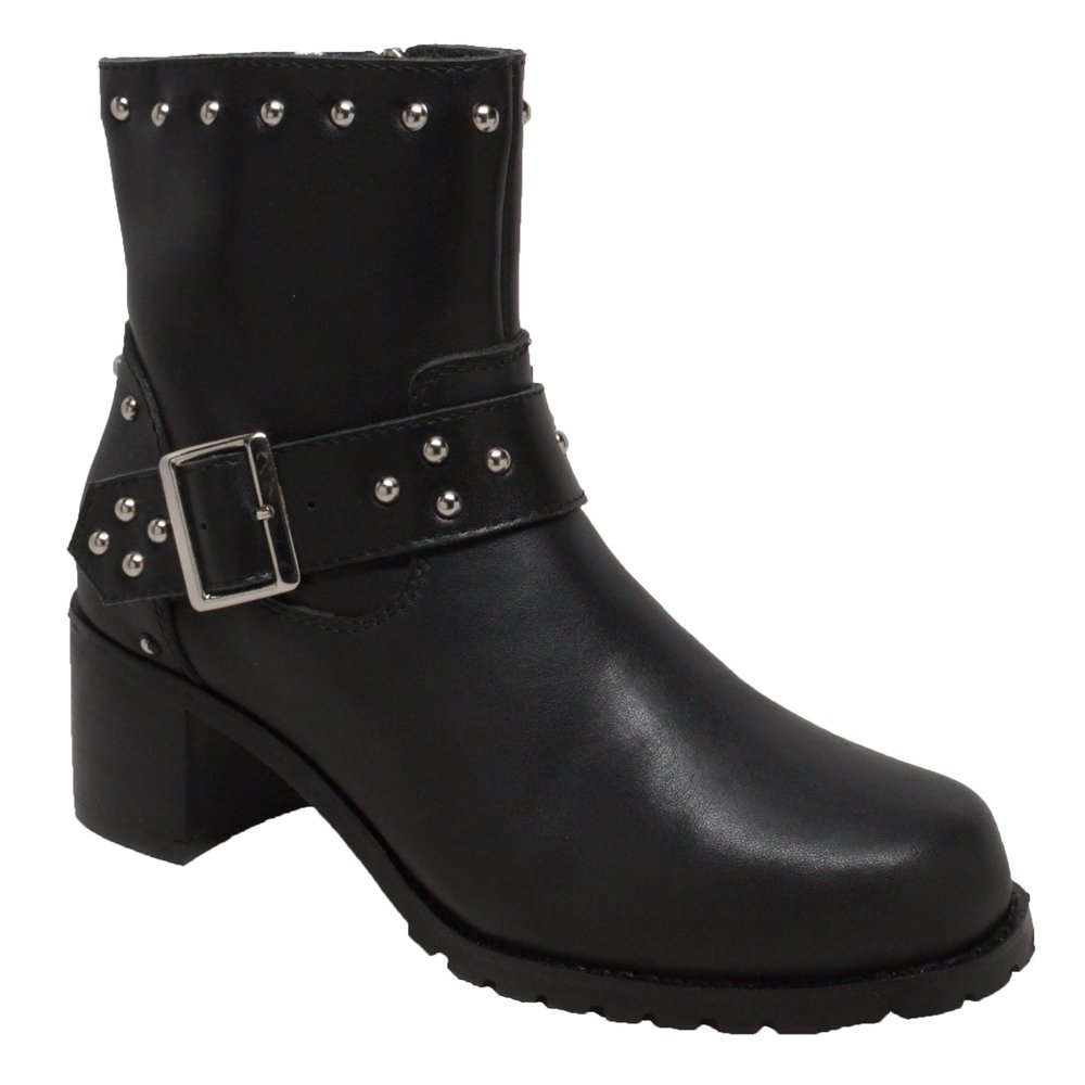 Women's Black Leather Buckle Motorcycle Boots With Studs - Biker Boots - 8811M-DS
