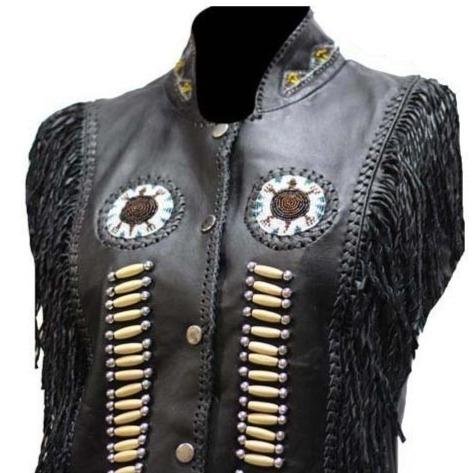 Women's Black Leather Western Style Beadwork and Bones Vest - SKU LV428-DL