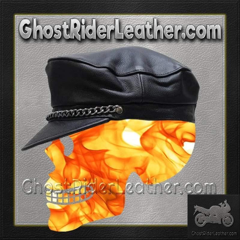 Leather Cap with Chain - Biker Leather Hat - SKU AC008-DL