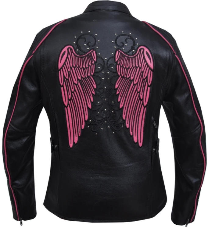 UNIK Ladies Racer Style Leather Motorcycle Jacket With Hot Pink Wings - 6824-24-UN