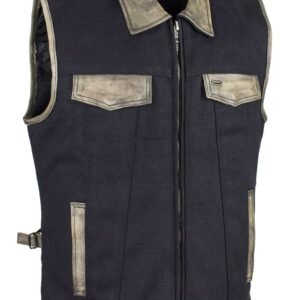 Canvas and Leather Motorcycle Vest - Men's - Distressed Brown - MV8010-CV12-DL