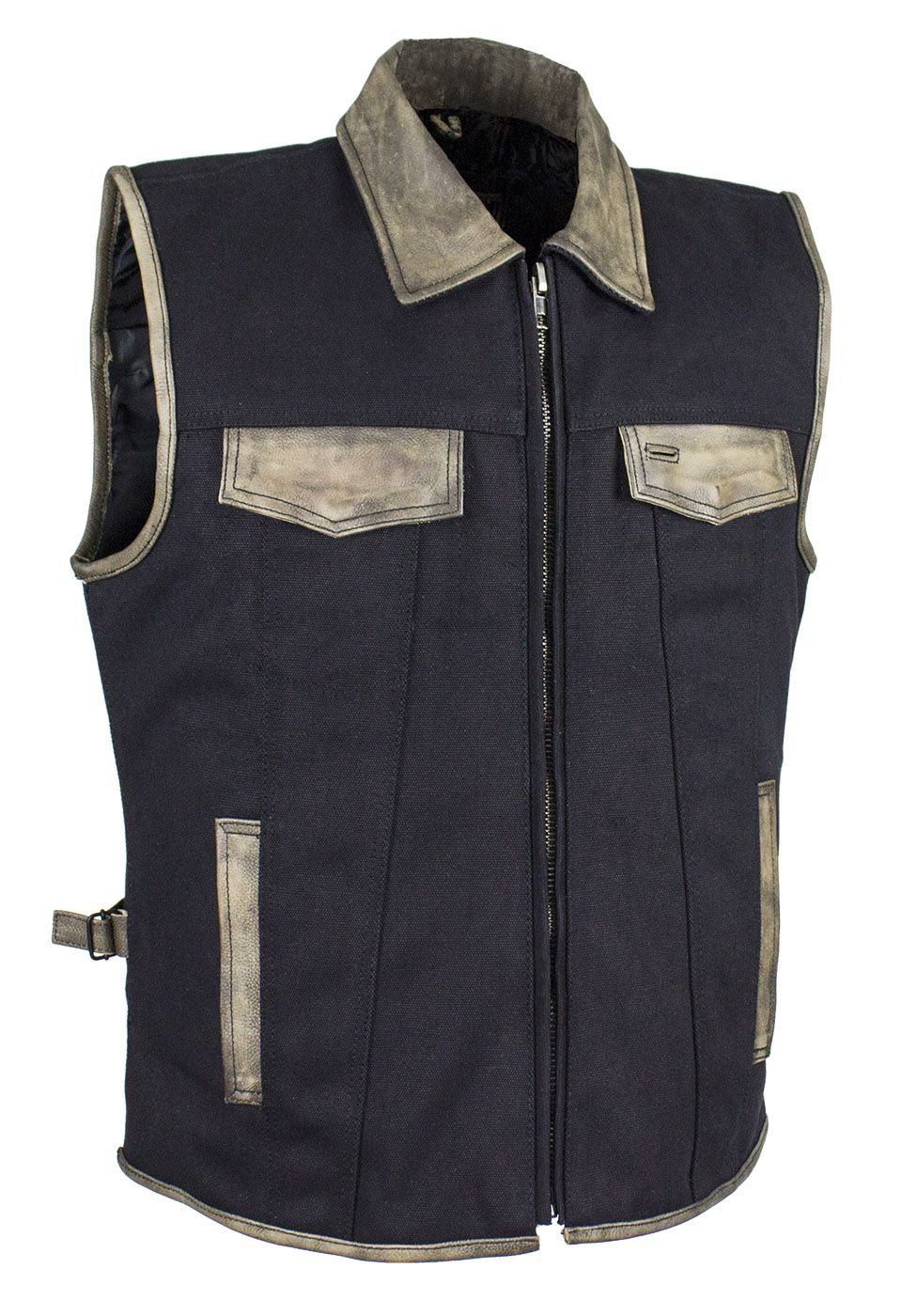 Canvas and Leather Motorcycle Vest - Men's - Distressed Brown - MV8010-CV12-DL