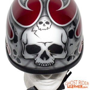 Novelty Motorcycle Helmet - Silver Skulls - Burgundy Flames - H401-D4-BURG-1-DL