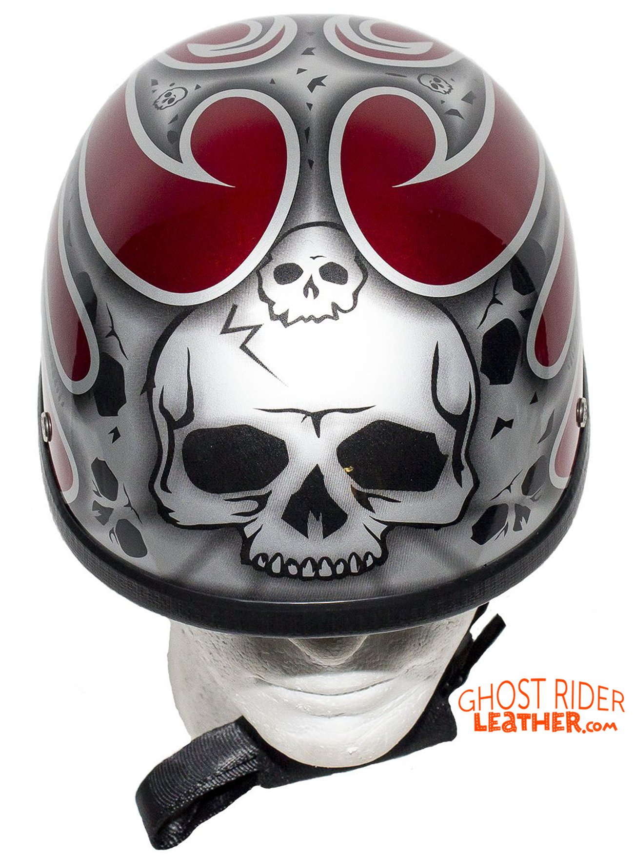Novelty Motorcycle Helmet - Silver Skulls - Burgundy Flames - H401-D4-BURG-1-DL