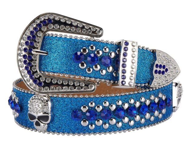 Unisex Rhinestone Bling Belt - Blue and Silver - Skulls - Rhinestones - Faux Leather - FBL21-DL