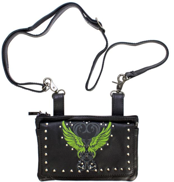 Leather Belt Bag - Lime Green - Wings Design - Handbag - BAG35-EBL8-LIME-DL