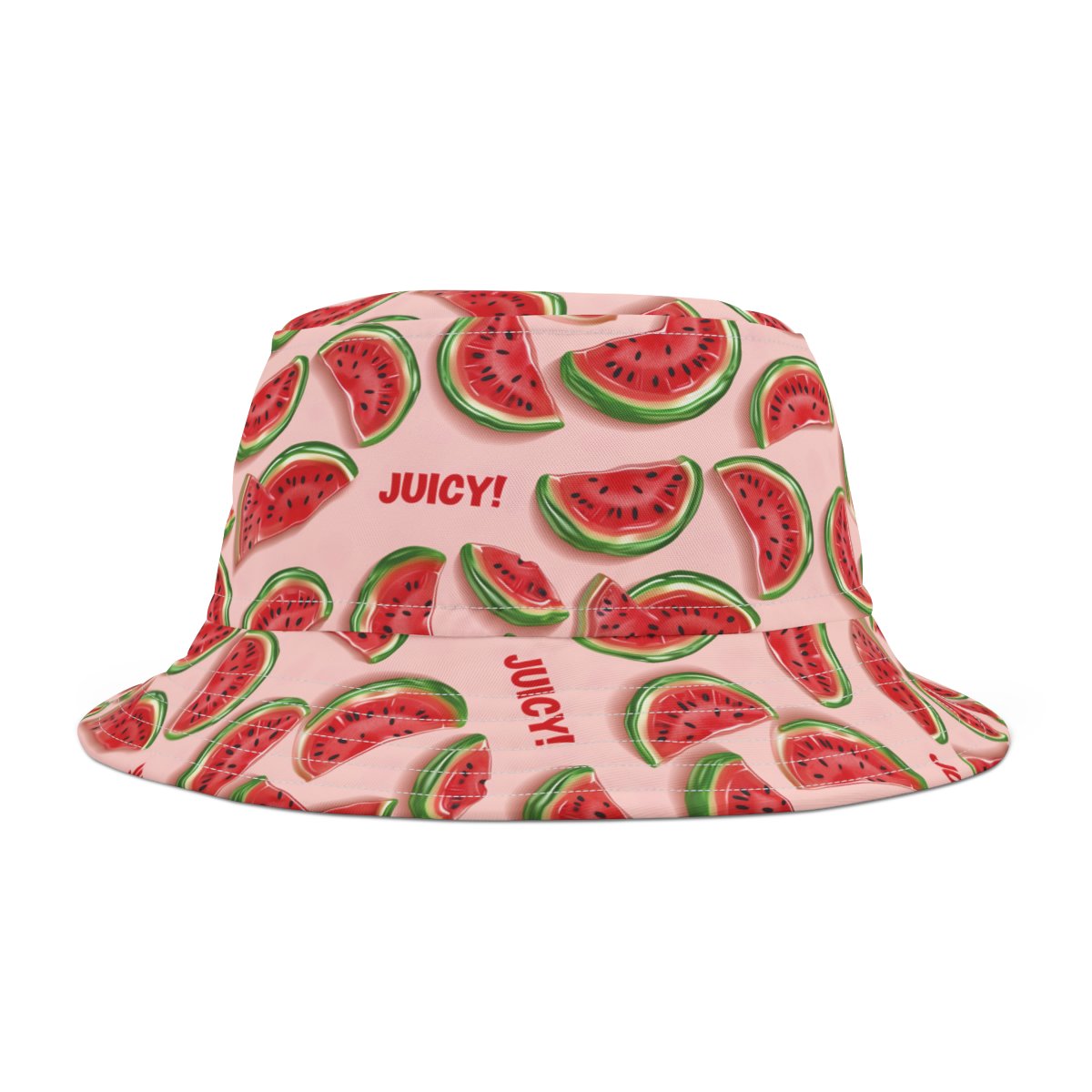 Watermelon Candy Slices Pattern - Text Juicy - Red Green on Pink - Biker Bucket Hat