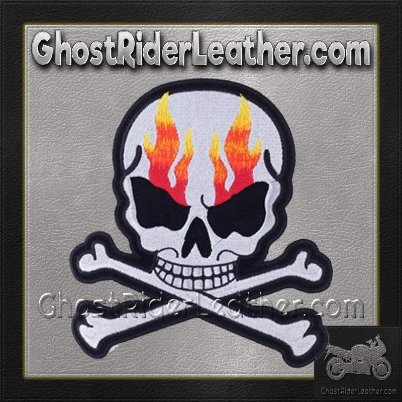 Silver Metallic Skull Crossbones with Flames Patch - Vest Patch - PAT-A15-DL
