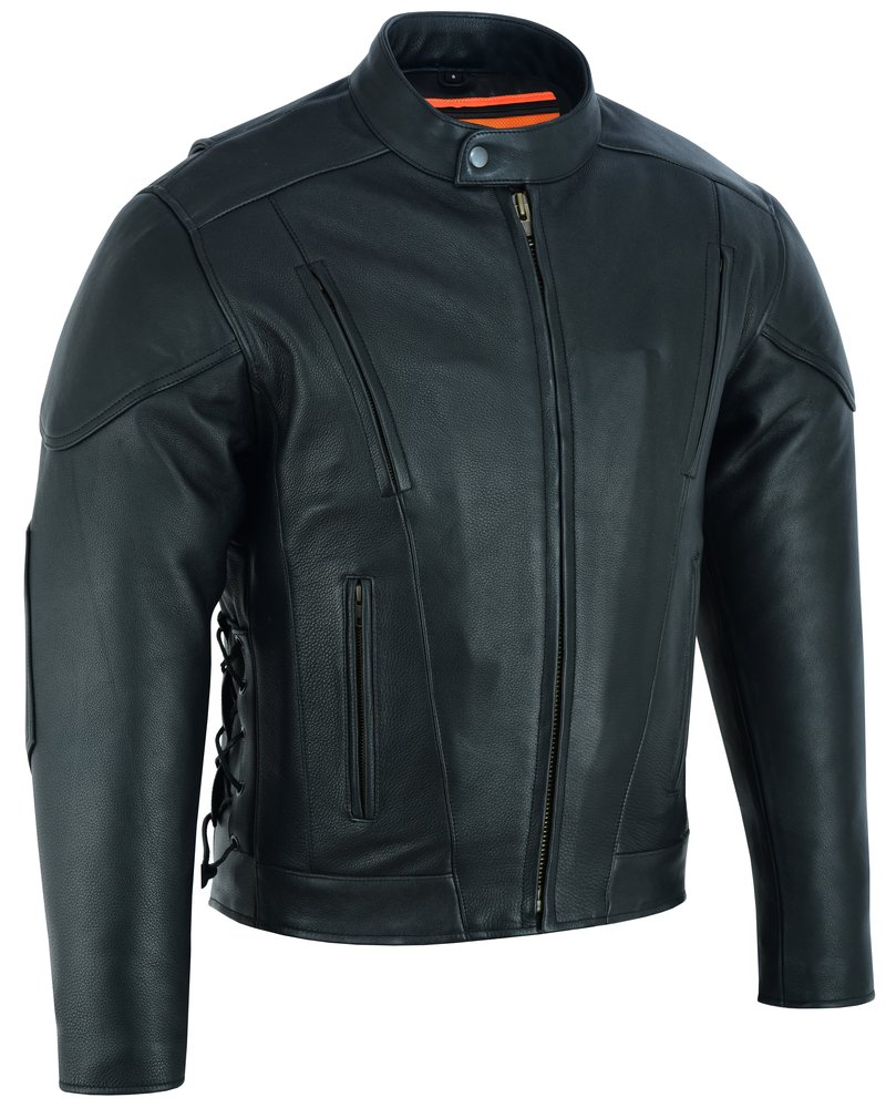 Men's Leather Motorcycle Jacket - Side Laces - Ventilated - Gun Pockets - DS777-DS
