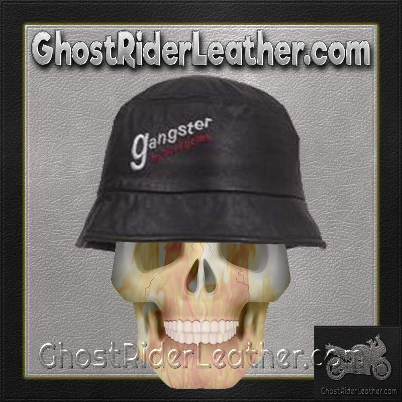 Leather Bucket Cap - Men's or Women's - Gangster Motorcycles - Embroidery - AC32-DL
