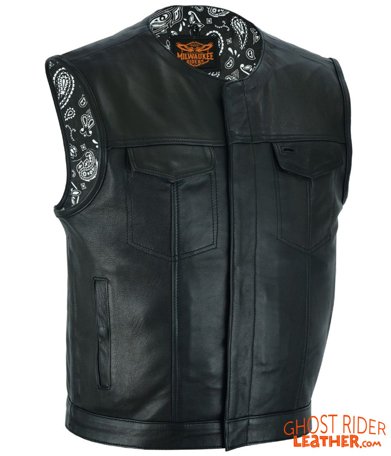 Leather Vest - Men's - Motorcycle Club - Black Paisley Lining - Up To Size 60 - MV78024-PL-11-DL