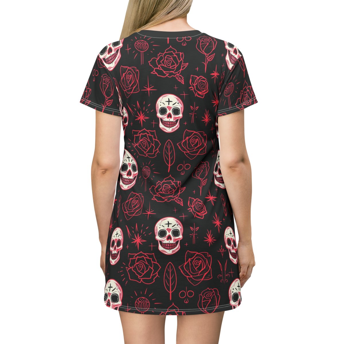 Skulls and Roses - Pink White on Black - T-Shirt Dress (AOP) Skulls and Roses - Pink White on Black - T-Shirt Dress (AOP)