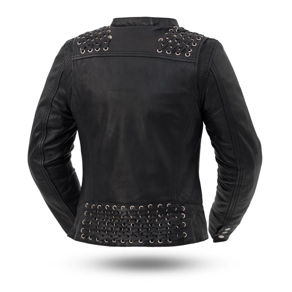 Black Widow - Women's Leather Motorcycle Riding Jacket With Lace Detail - FIL191SDMZ-FM