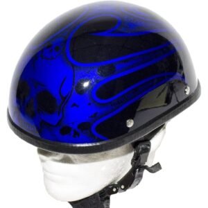 Novelty Motorcycle Helmet - Gloss Blue - Burning Skull - Shorty - H401-D4-BLUE-DL