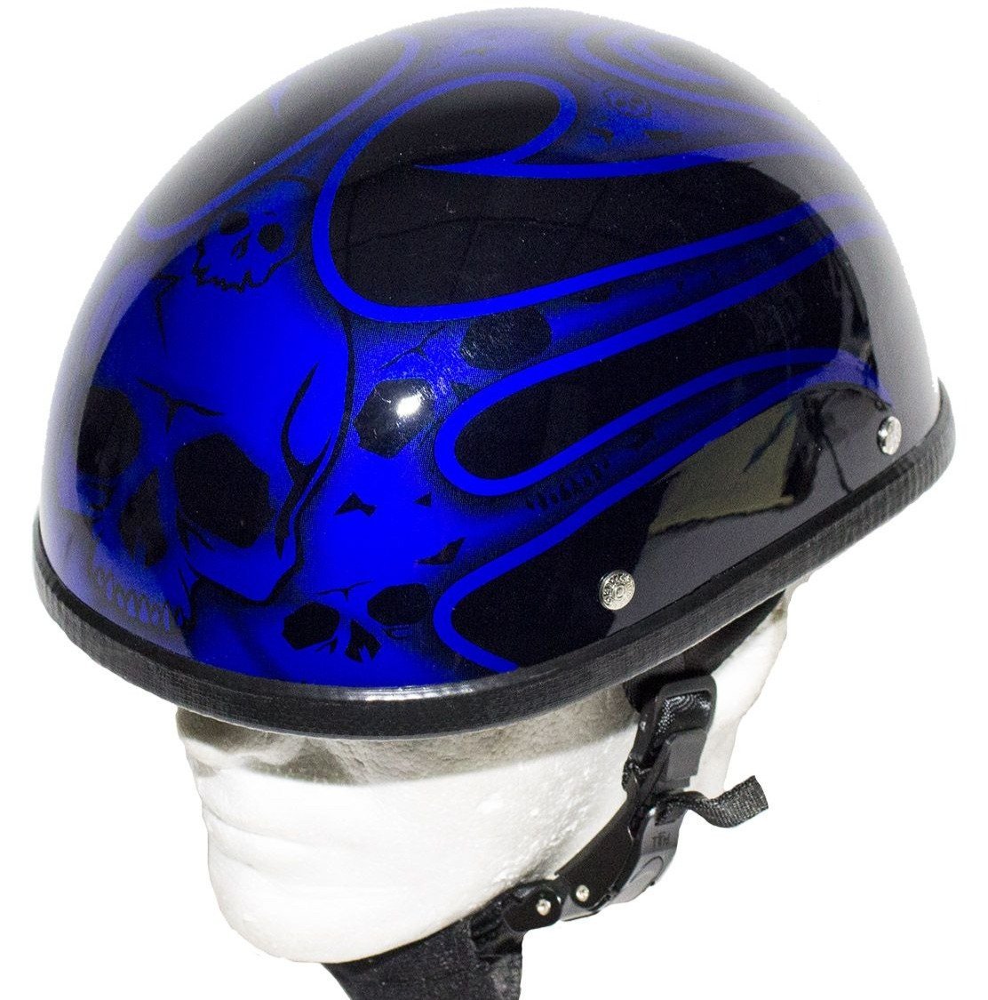 Novelty Motorcycle Helmet - Gloss Blue - Burning Skull - Shorty - H401-D4-BLUE-DL