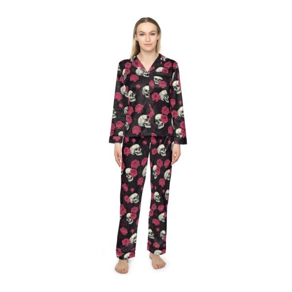 Skulls and Roses - Pink White on Black - Women's Satin Pajamas (AOP)