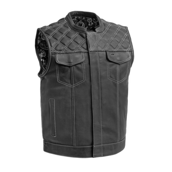 Leather Motorcycle Vest - Men's - Downside - Black with White Stitching - Up To 5X - FIM693-QLT-WH-FM