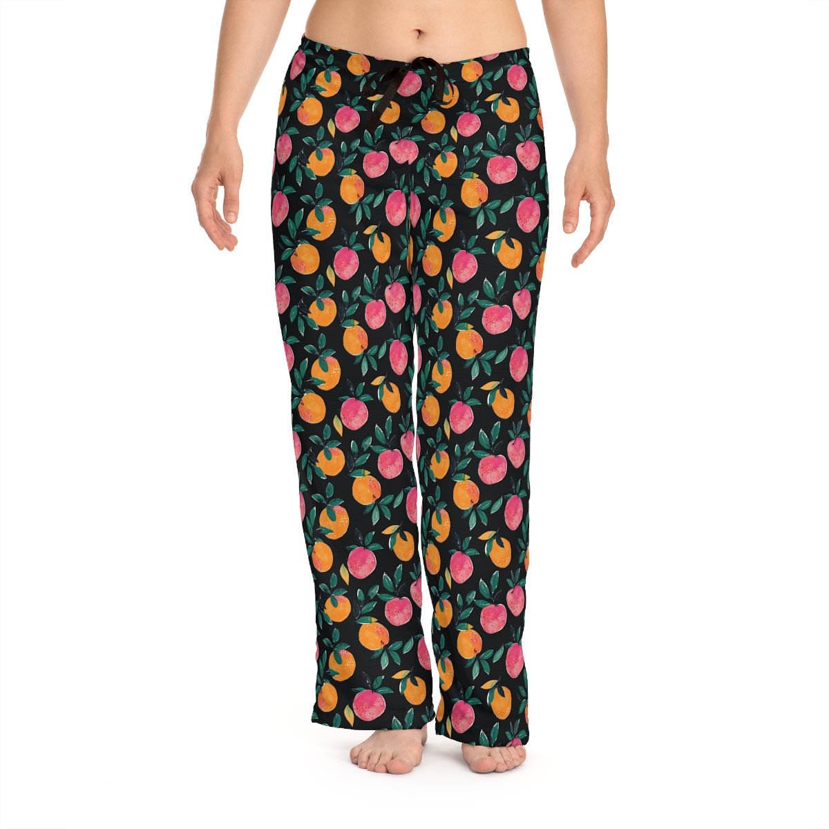 Doodle Peaches - Pink Orange Green on Black - Women's Pajama Pants (AOP)