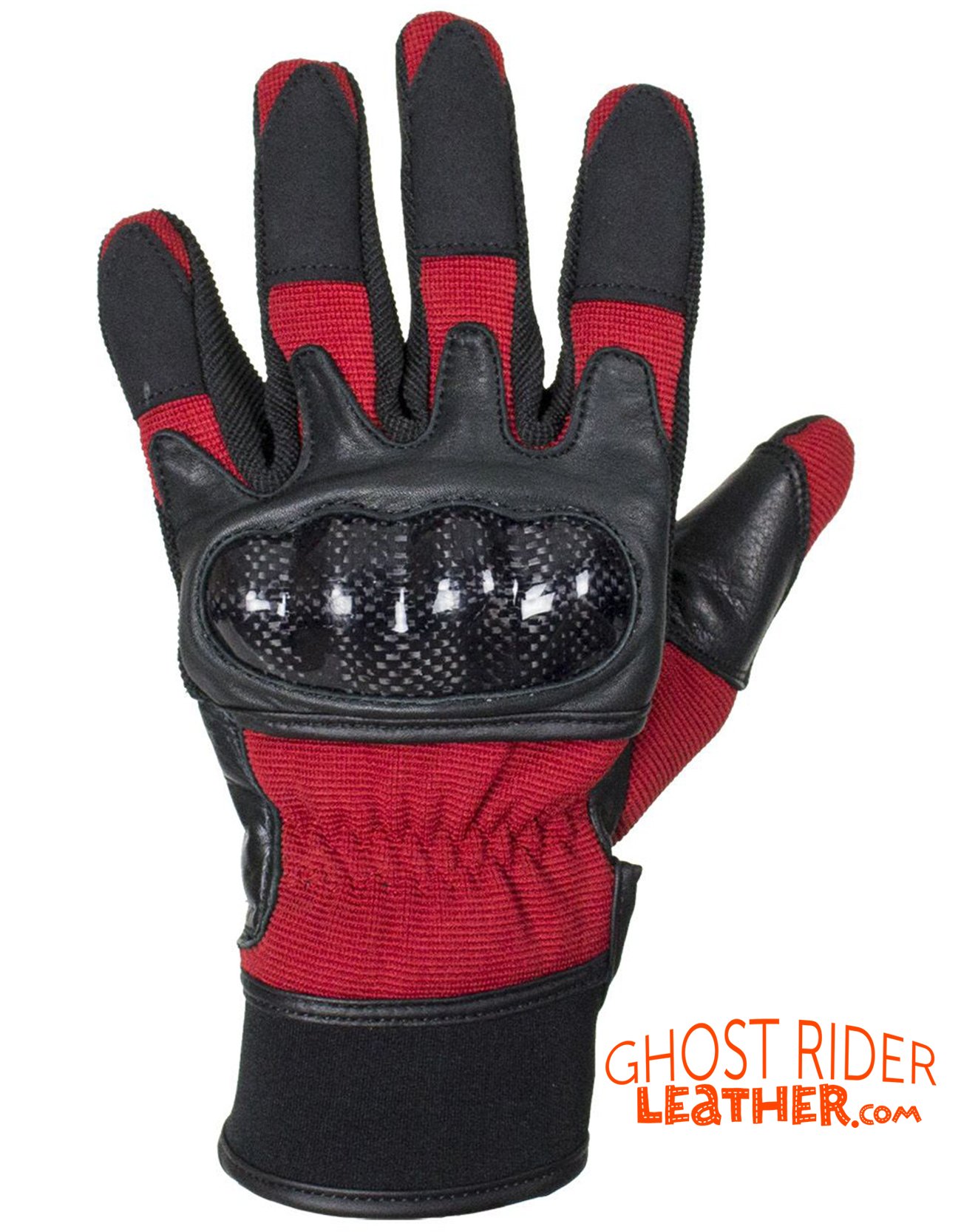 Leather Gloves - Men's - Full Finger - Knuckle Protector - Red - GLZ108-RED-DL