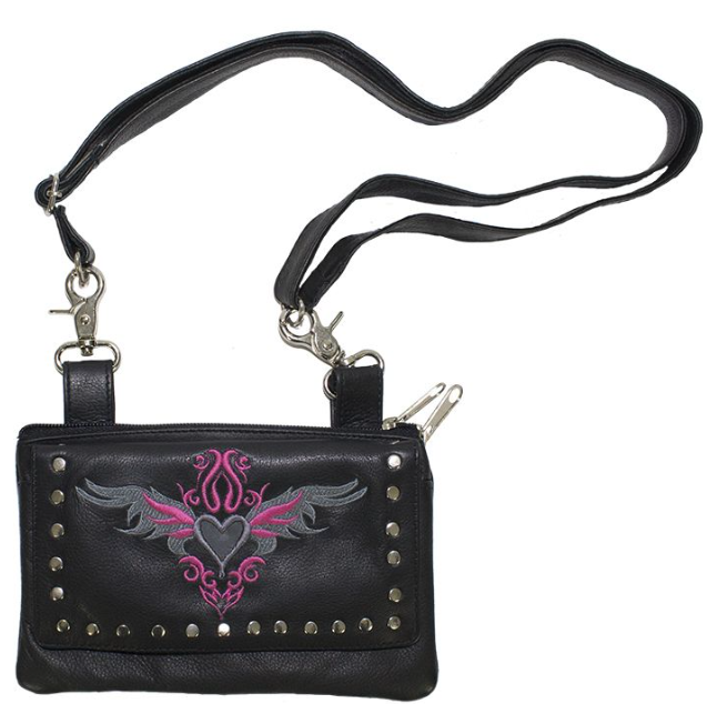 Leather Belt Bag - Pink - Heart Wings Design - Handbag - BAG35-EBL1-PINK-DL