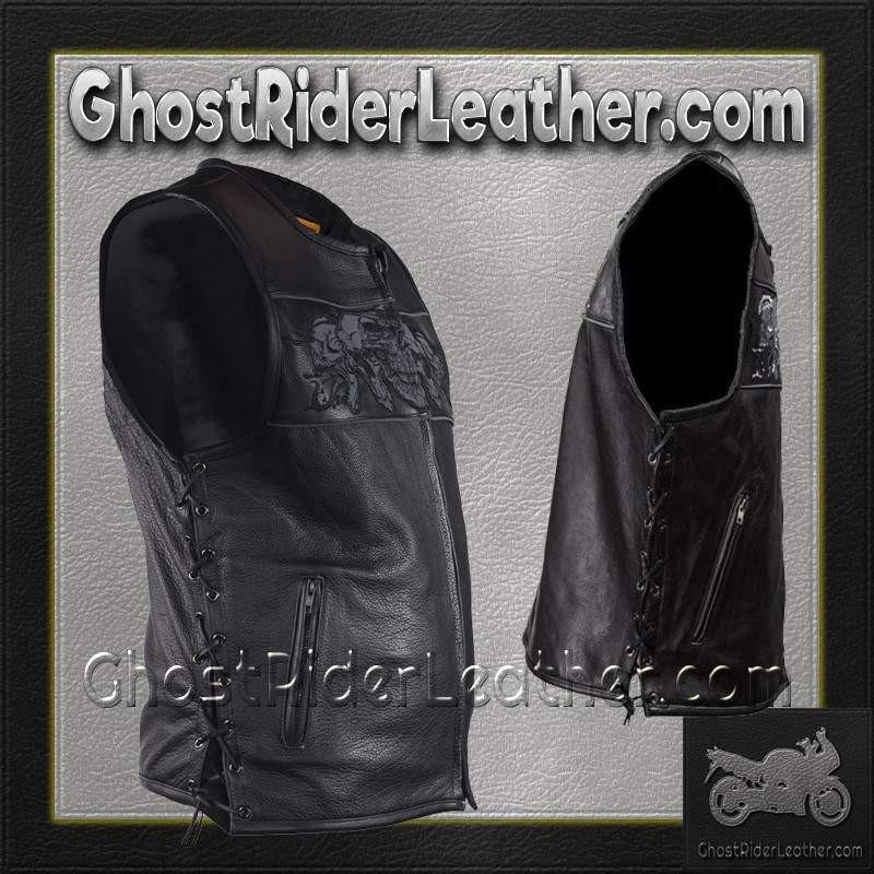 Mens Leather Vest with Night Reflective Skulls and Concealed Carry Pockets / SKU MV8025-DL