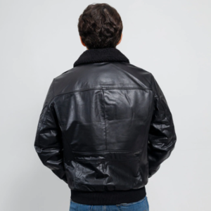 Leather Bomber Jacket - Men's - Black - Faux Shearling Collar - FMM219BP-FM