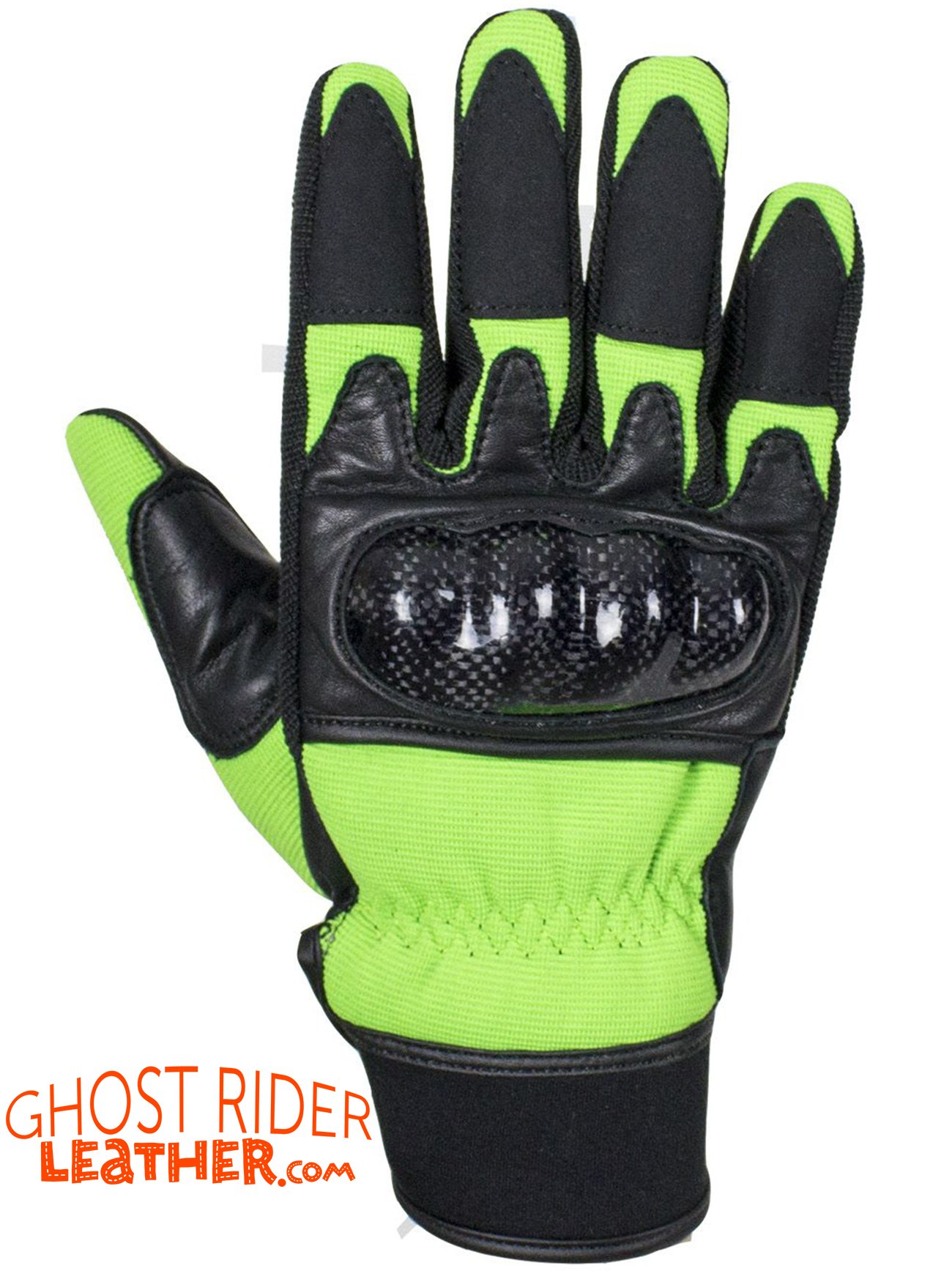 Leather Gloves - Men's - Full Finger - Knuckle Protector - Green - GLZ108-GREEN-DL