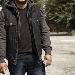 Rook - Men's Motorcycle Denim Vest with Gray/Black Base Hoodie - SKU FIM697DMH-FM