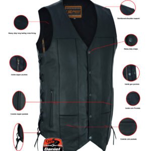 Leather Motorcycle Vest - Men's Tall - Up To Size 5XL - Side Laces - 10 Pocket - Big and Tall - DS144-TALL-DS