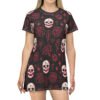 Skulls and Roses - Pink White on Black - T-Shirt Dress (AOP)