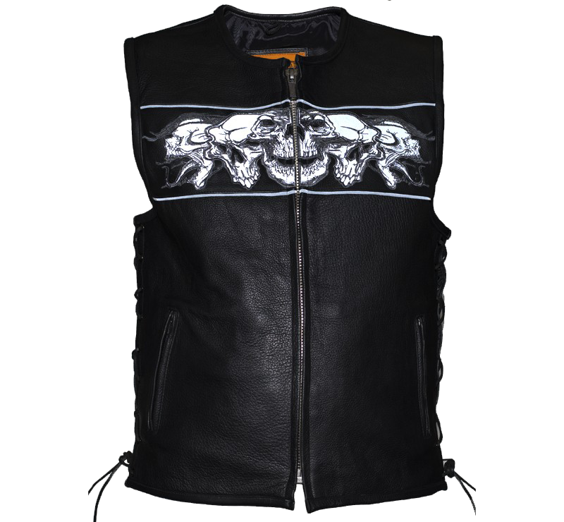 Leather Motorcycle Vest - Men's - Reflective Skulls - Gun Pockets - MV8025-11-DL