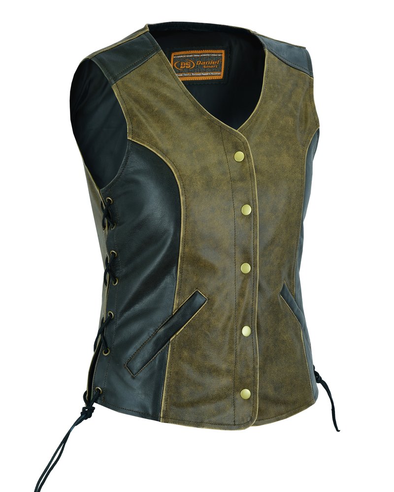 Women's Two Tone Leather With Longer Body 3/4 Vest - Side Laces - DS214-DS