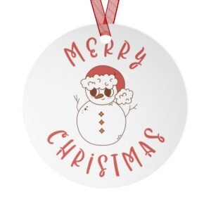 Merry Christmas Ornament - Snowman - Red - Green - Round - Metal Ornaments