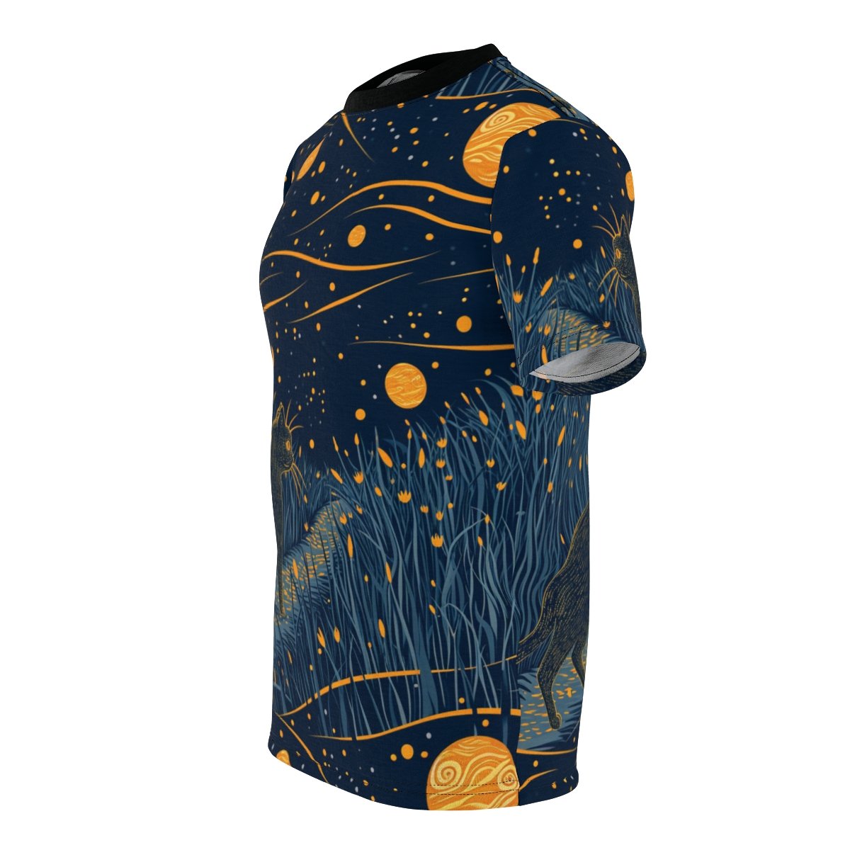 Cat and the Golden Moons - Dark Blue Orange Gold Multi Colors - Unisex T-Shirt - Tee