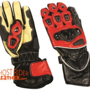 Leather Gloves - Men's - Sport Bike - Knuckle Protector - Yellow Red Black - AL3081-AL