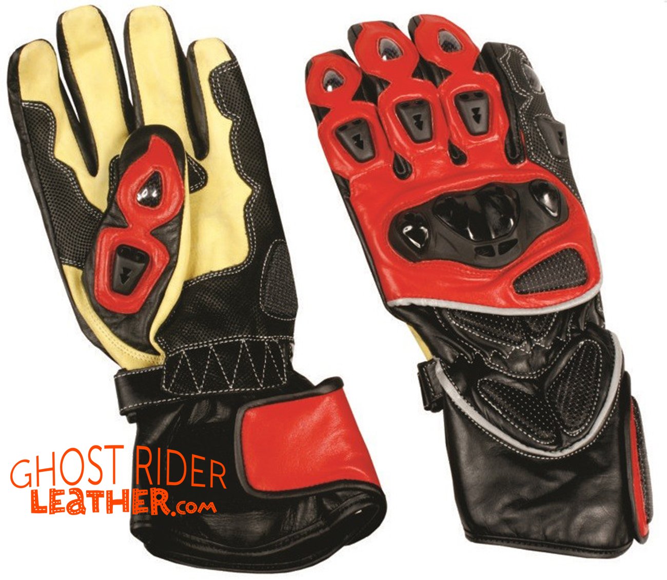 Leather Gloves - Men's - Sport Bike - Knuckle Protector - Yellow Red Black - AL3081-AL