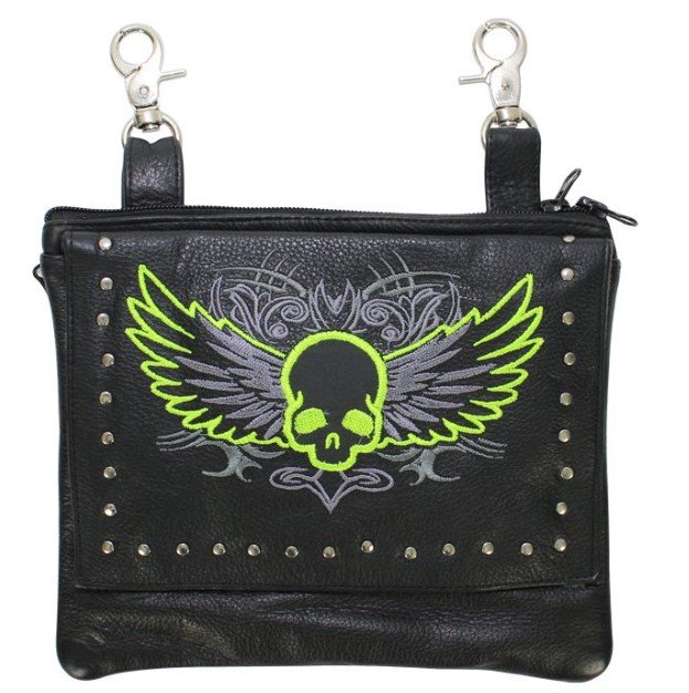 Leather Belt Bag - Lime Green - Gun Pocket - Flying Skull Design - Handbag - BAG36-EBL10-LIME-DL