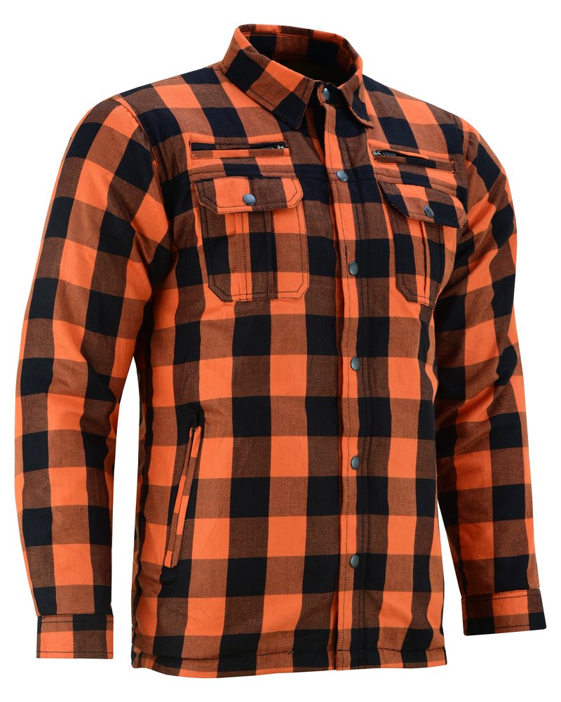 Flannel Motorcycle Shirt - Men's - Armor Pockets - Gun Pockets - Up To Size 5XL - Orange Black Plaid - DS4675-DS
