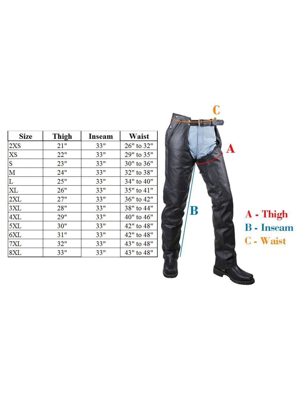 Size chart for leather motorcycle chaps.