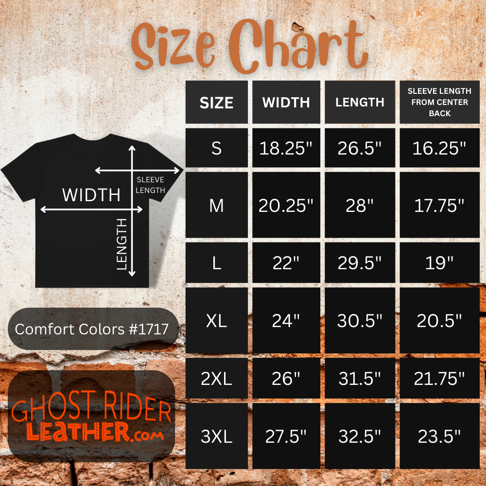 Size chart for unisex biker motorcycle t-shirt.